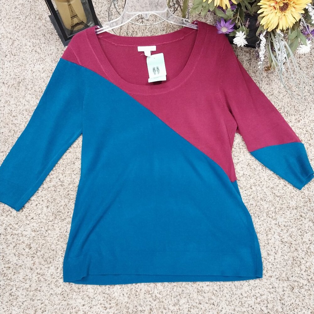 3107 Size Large New York and Company Upcycled Sweater in Dark Teal and Magenta.